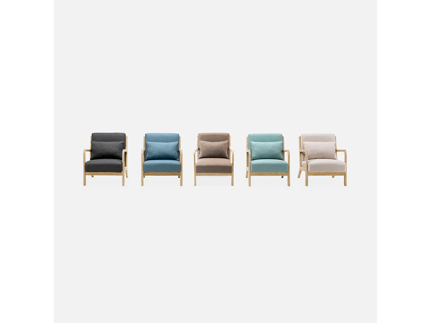 Fauteuil design en bois et tissu. 1 place droit fixe. pieds compas scandinave. structure en bois solide. assise confortable. gris foncé