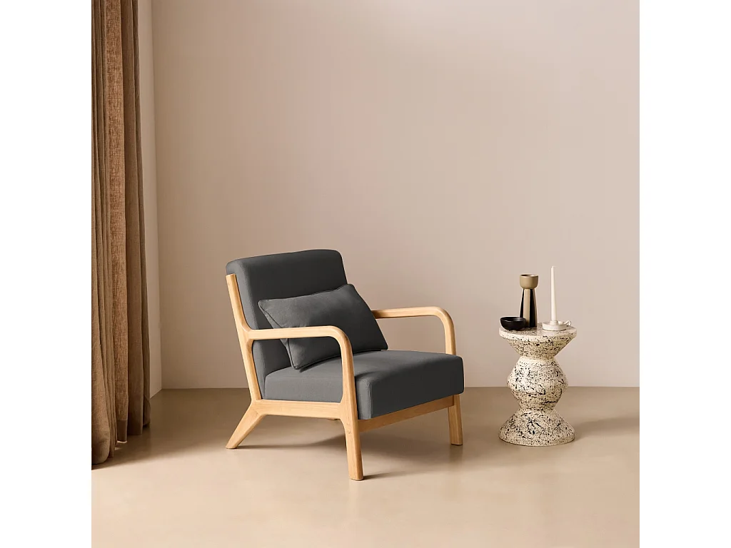 Poltrona scandinava in legno e tessuto con braccioli Grigio scuro - 65x80x79 cm