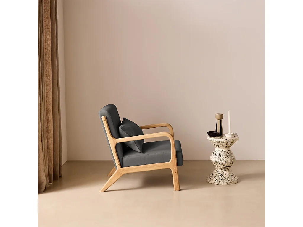 Poltrona scandinava in legno e tessuto con braccioli Grigio scuro - 65x80x79 cm