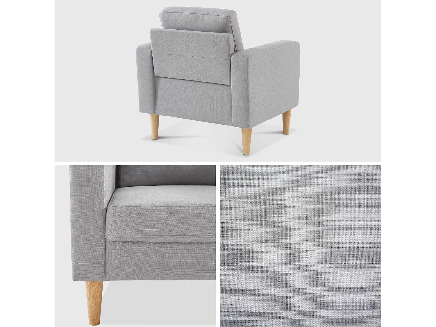 Poltrona scandinava in legno e tessuto, grigio chiaro