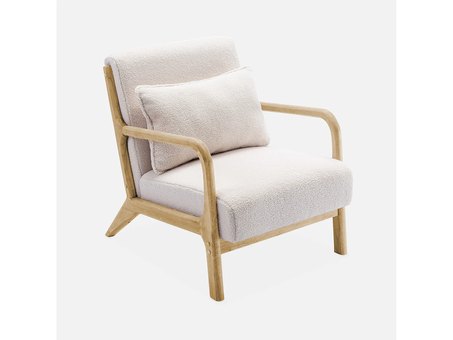 Fauteuil à bouclettes crème. bois et tissu. 1 place droit fixe. pieds compas scandinave. structure en bois solide. assise confortable