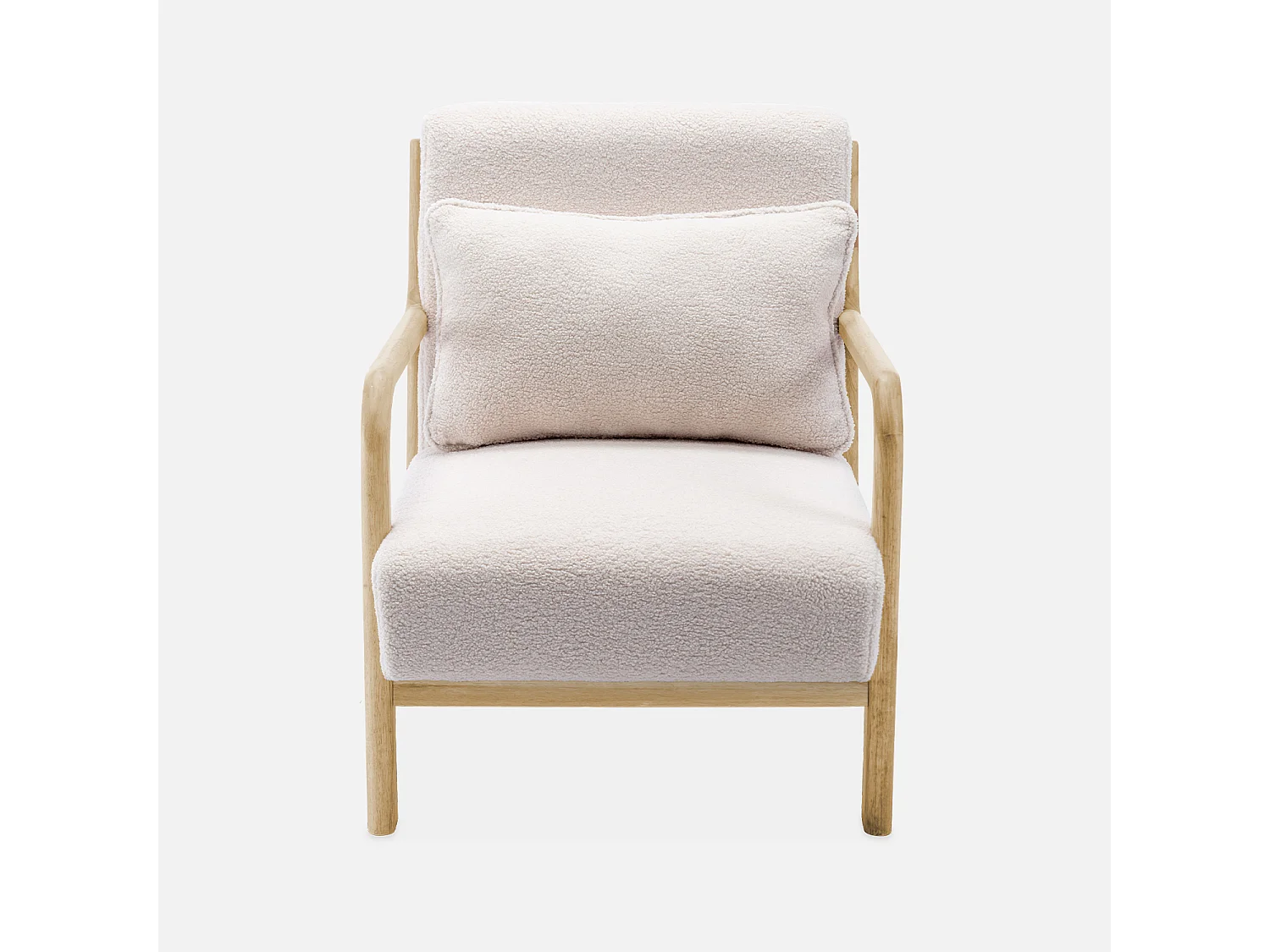 Fauteuil à bouclettes crème. bois et tissu. 1 place droit fixe. pieds compas scandinave. structure en bois solide. assise confortable