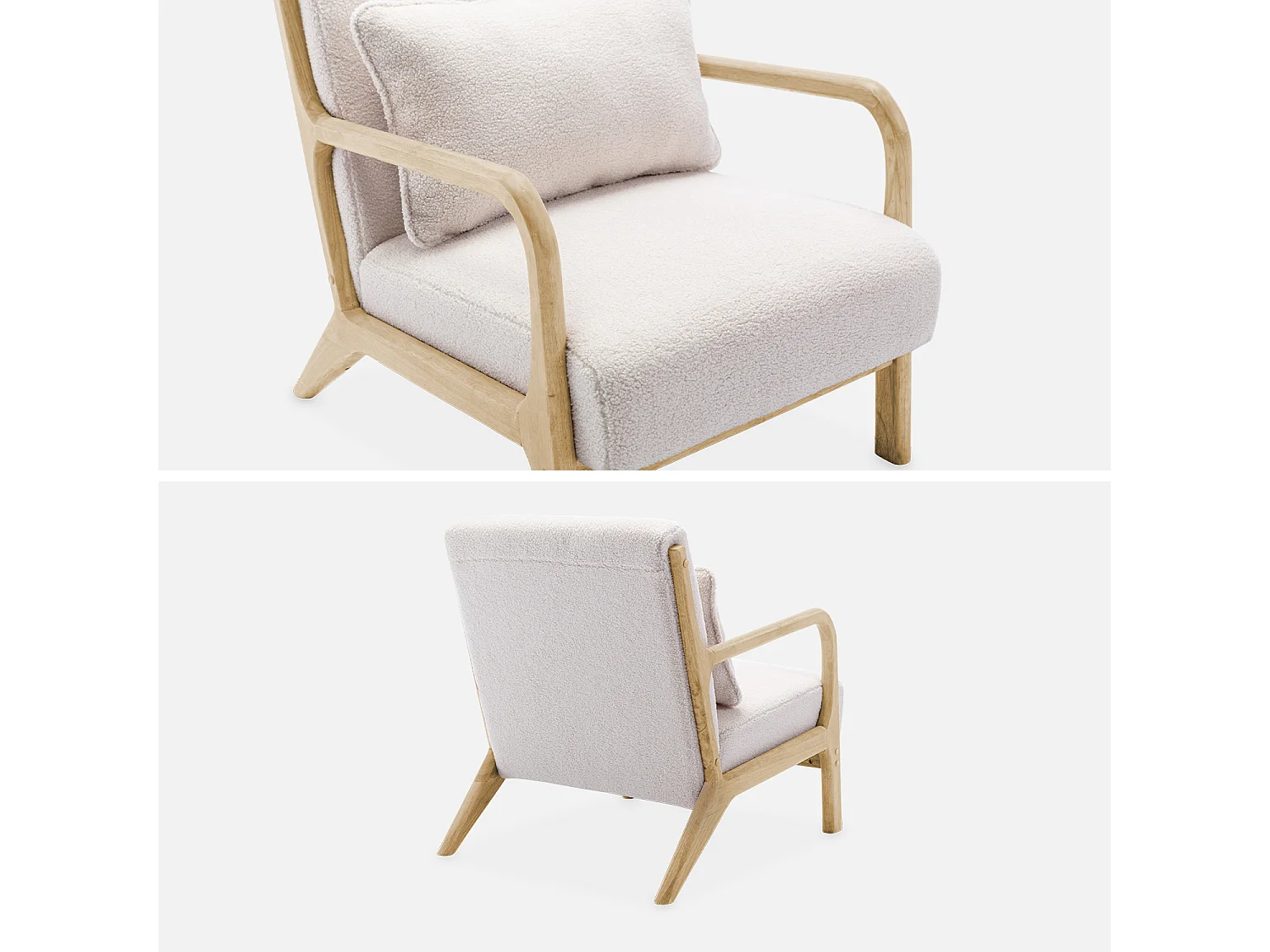 Fauteuil à bouclettes crème. bois et tissu. 1 place droit fixe. pieds compas scandinave. structure en bois solide. assise confortable