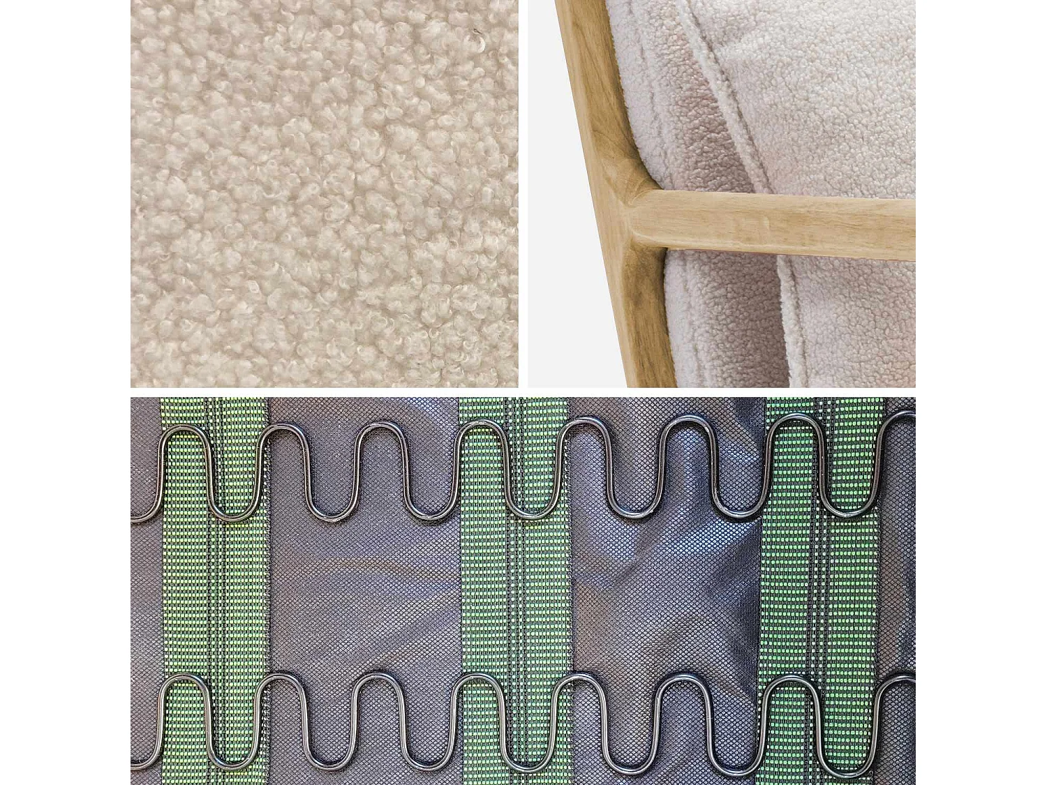 Fauteuil à bouclettes crème. bois et tissu. 1 place droit fixe. pieds compas scandinave. structure en bois solide. assise confortable