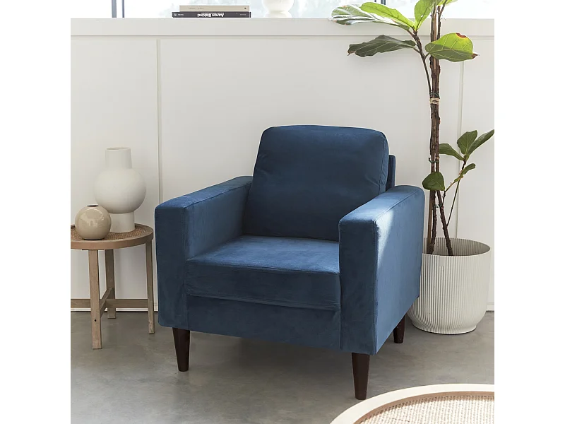 Sillón vintage de terciopelo con patas de madera azul