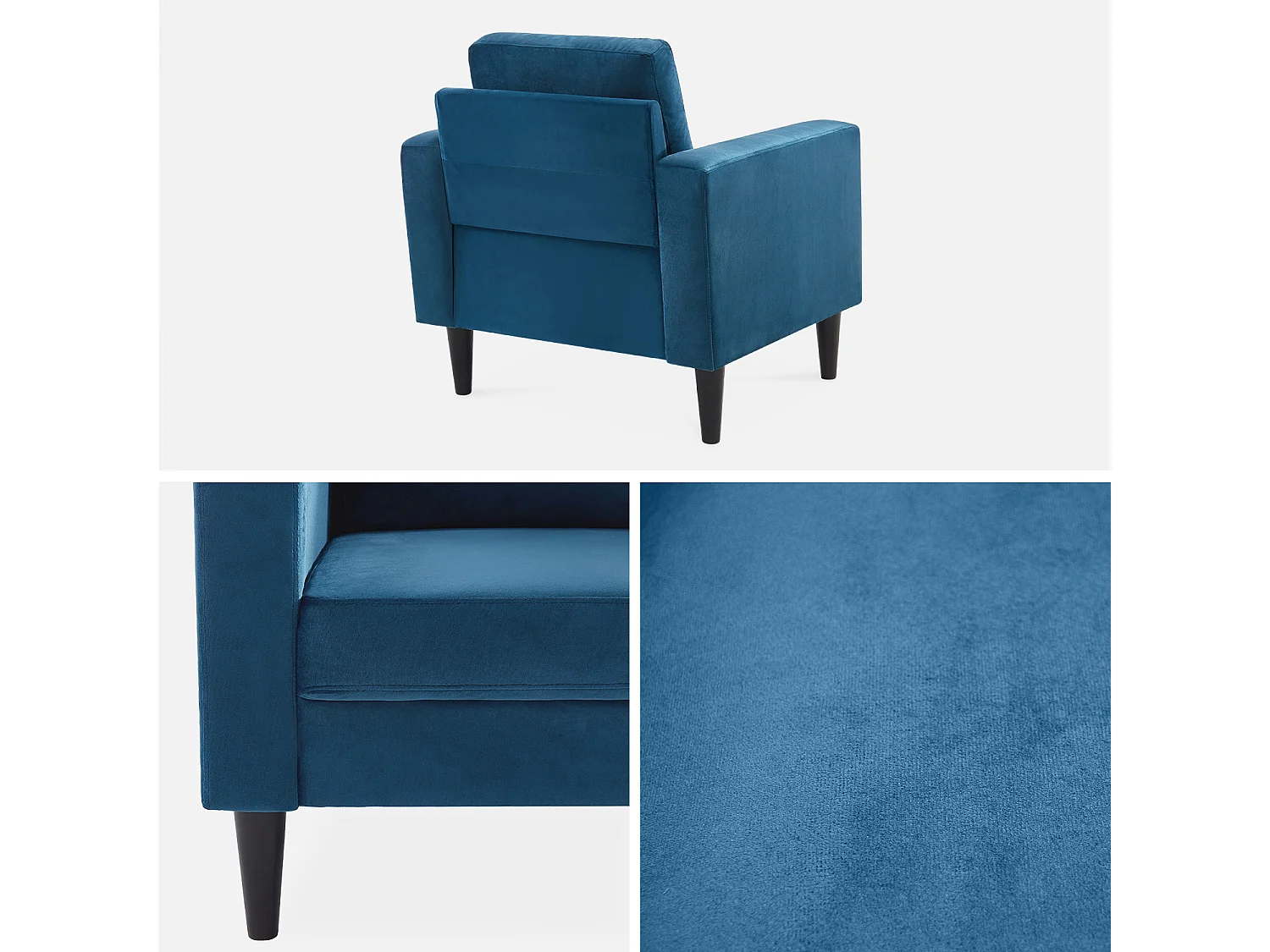 Sillón vintage de terciopelo con patas de madera azul