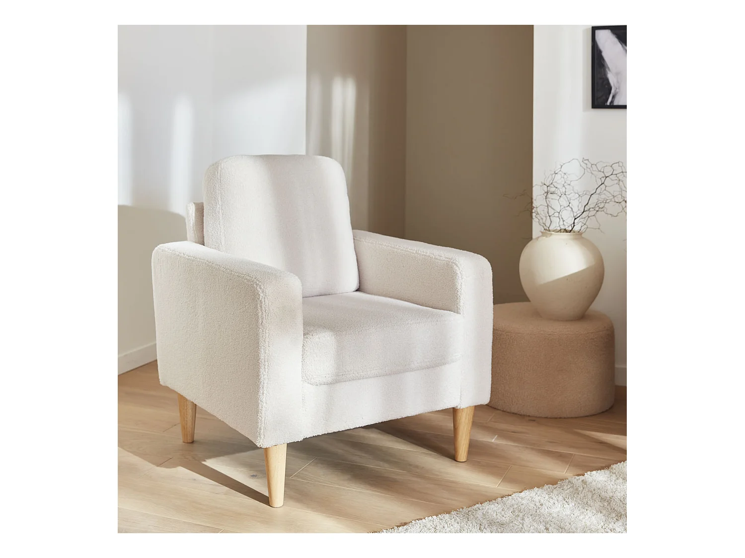 Fauteuil à bouclettes crème. scandinave  - Bjorn - Canapé 1 place fixe droit pieds bois