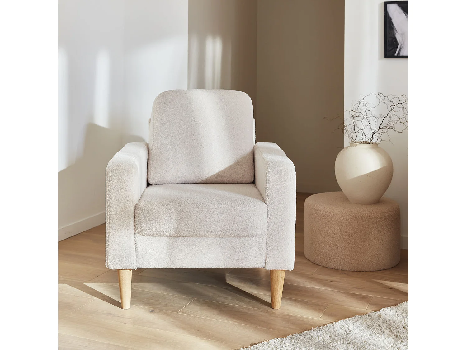 Fauteuil à bouclettes crème. scandinave  - Bjorn - Canapé 1 place fixe droit pieds bois