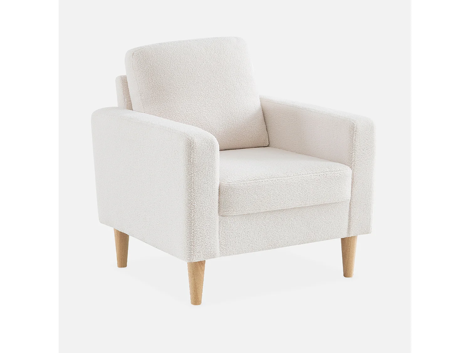 Fauteuil à bouclettes crème. scandinave  - Bjorn - Canapé 1 place fixe droit pieds bois