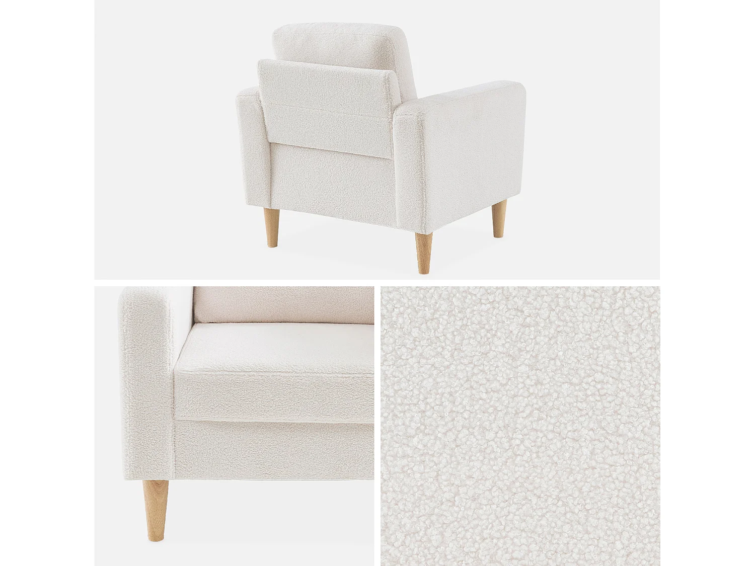 Fauteuil à bouclettes crème. scandinave  - Bjorn - Canapé 1 place fixe droit pieds bois