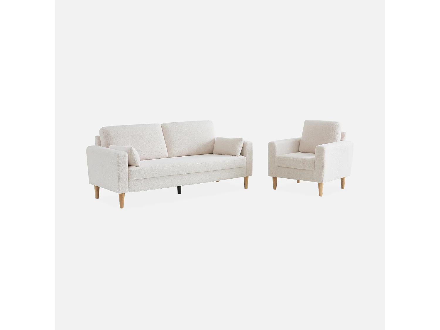 Fauteuil à bouclettes crème. scandinave  - Bjorn - Canapé 1 place fixe droit pieds bois