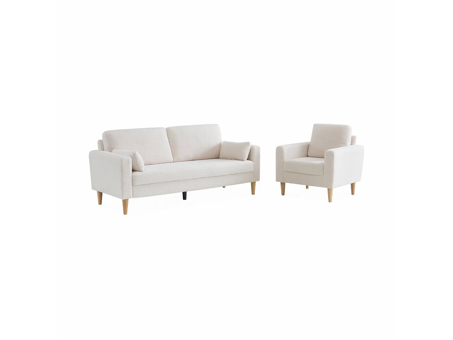 Fauteuil à bouclettes crème. scandinave  - Bjorn - Canapé 1 place fixe droit pieds bois