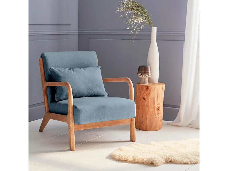 Fauteuil design en bois et tissu. 1 place droit fixe. pieds compas scandinave. assise confortable. structure en bois solide. bleu