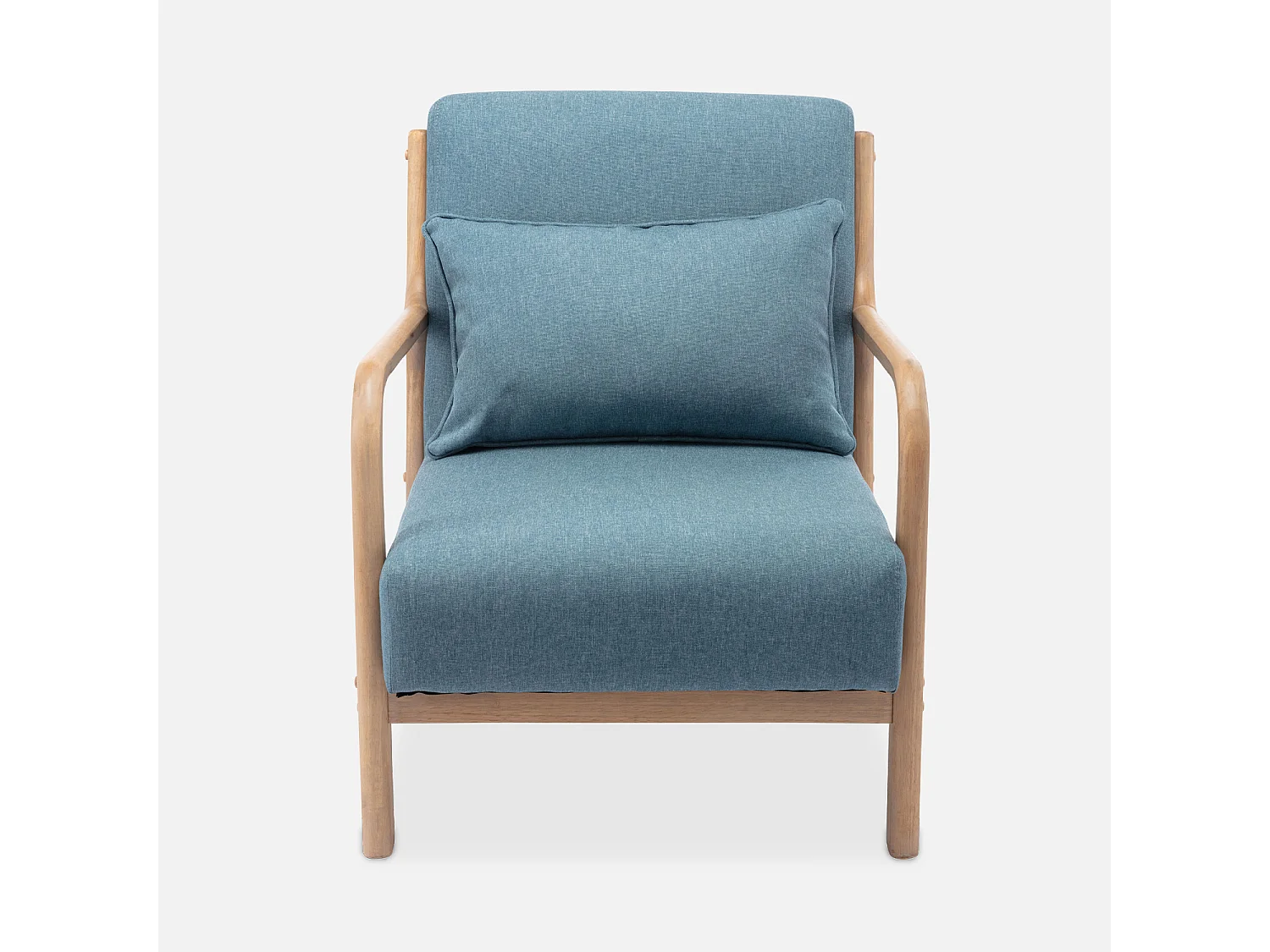 Fauteuil design en bois et tissu. 1 place droit fixe. pieds compas scandinave. assise confortable. structure en bois solide. bleu