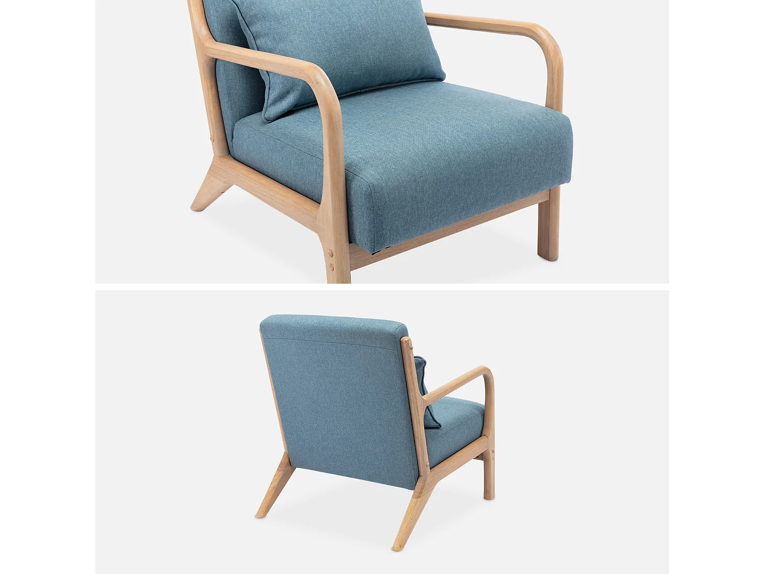 Fauteuil design en bois et tissu. 1 place droit fixe. pieds compas scandinave. assise confortable. structure en bois solide. bleu