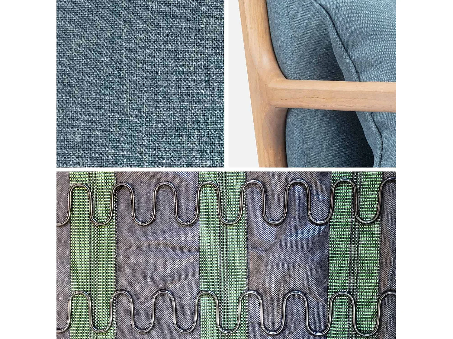 Fauteuil design en bois et tissu. 1 place droit fixe. pieds compas scandinave. assise confortable. structure en bois solide. bleu