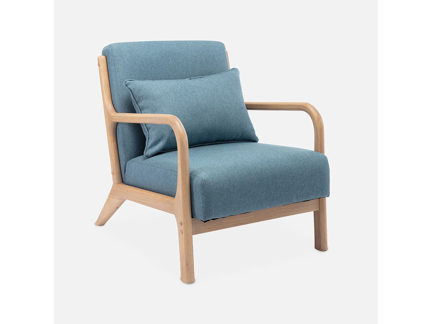 Fauteuil design en bois et tissu. 1 place droit fixe. pieds compas scandinave. assise confortable. structure en bois solide. bleu