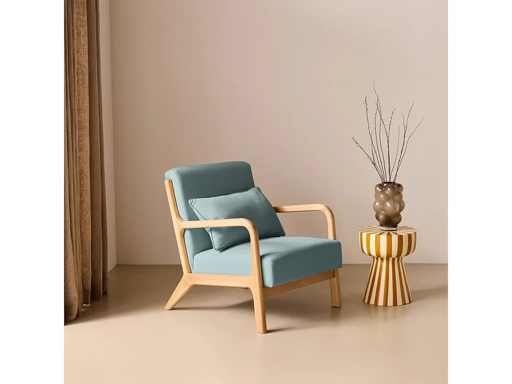 Poltrona scandinava in legno e tessuto con braccioli Blu - 65x80x79 cm