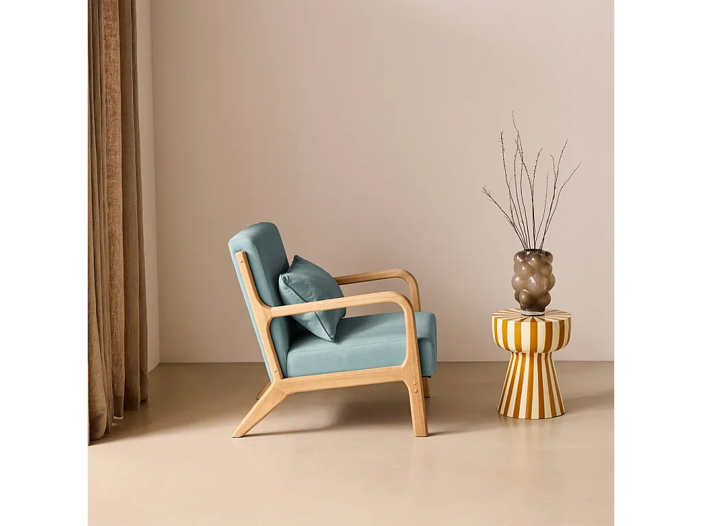 Poltrona scandinava in legno e tessuto con braccioli Blu - 65x80x79 cm