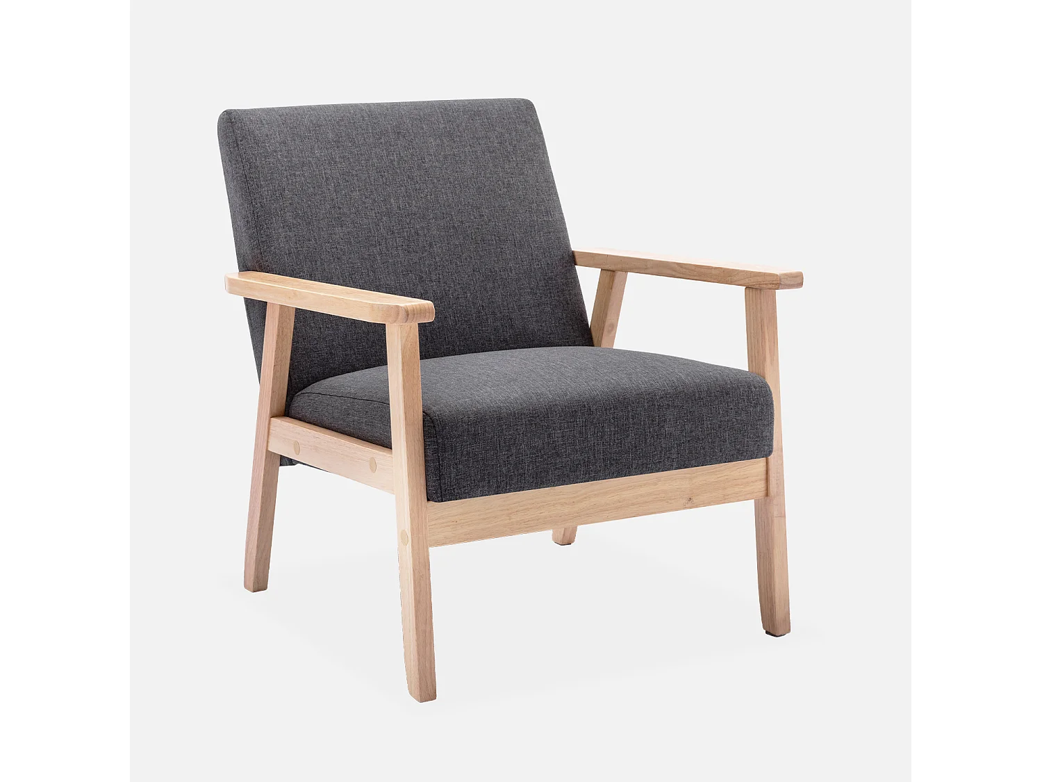 Fauteuil scandinave en bois et tissu gris foncé. Isak. L 64 x P 69.5 x H 73cm