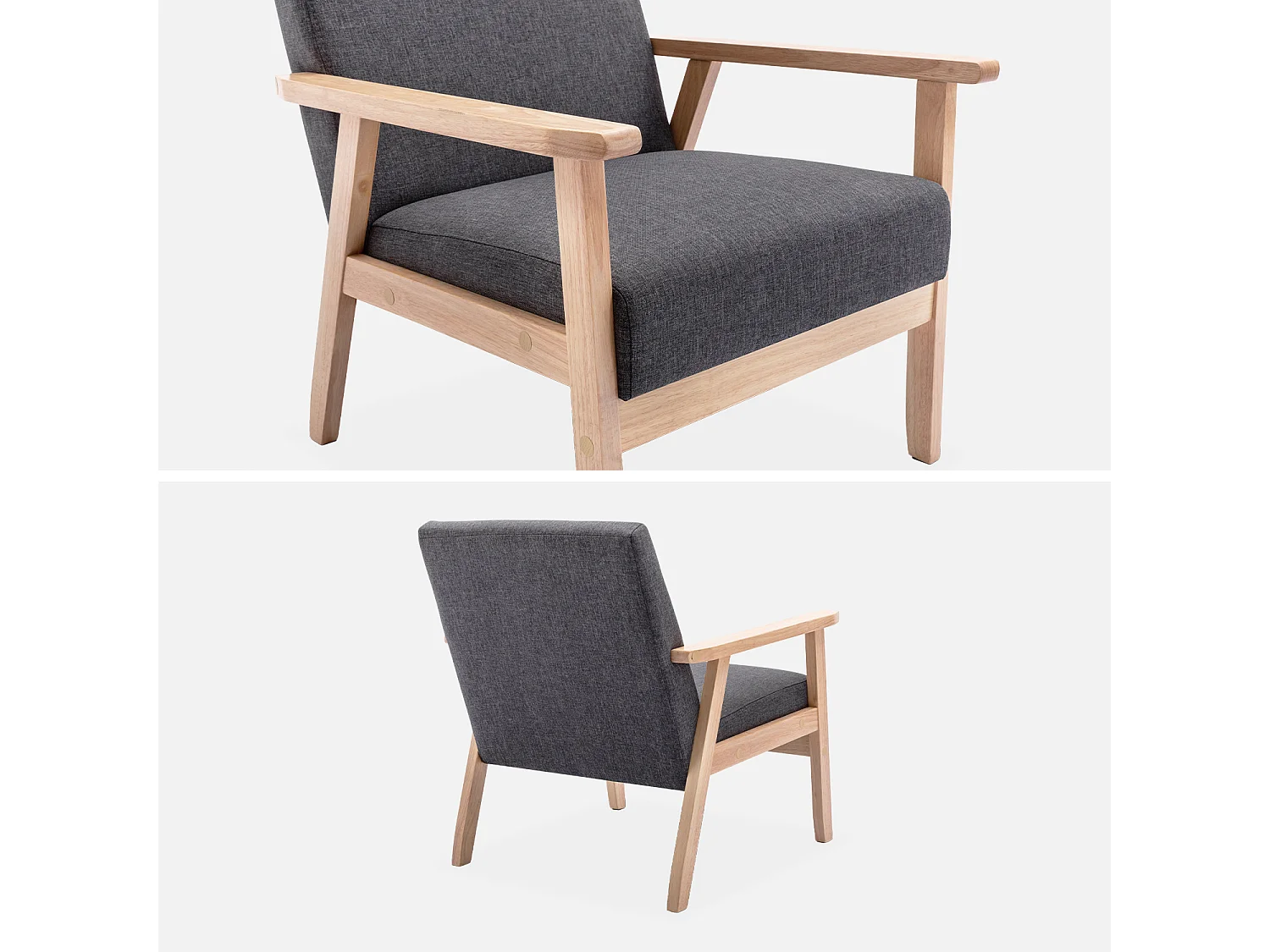 Fauteuil scandinave en bois et tissu gris foncé. Isak. L 64 x P 69.5 x H 73cm