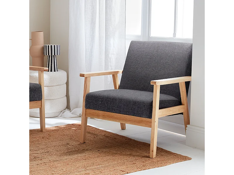 Fauteuil scandinave en bois et tissu gris foncé. Isak. L 64 x P 69.5 x H 73cm