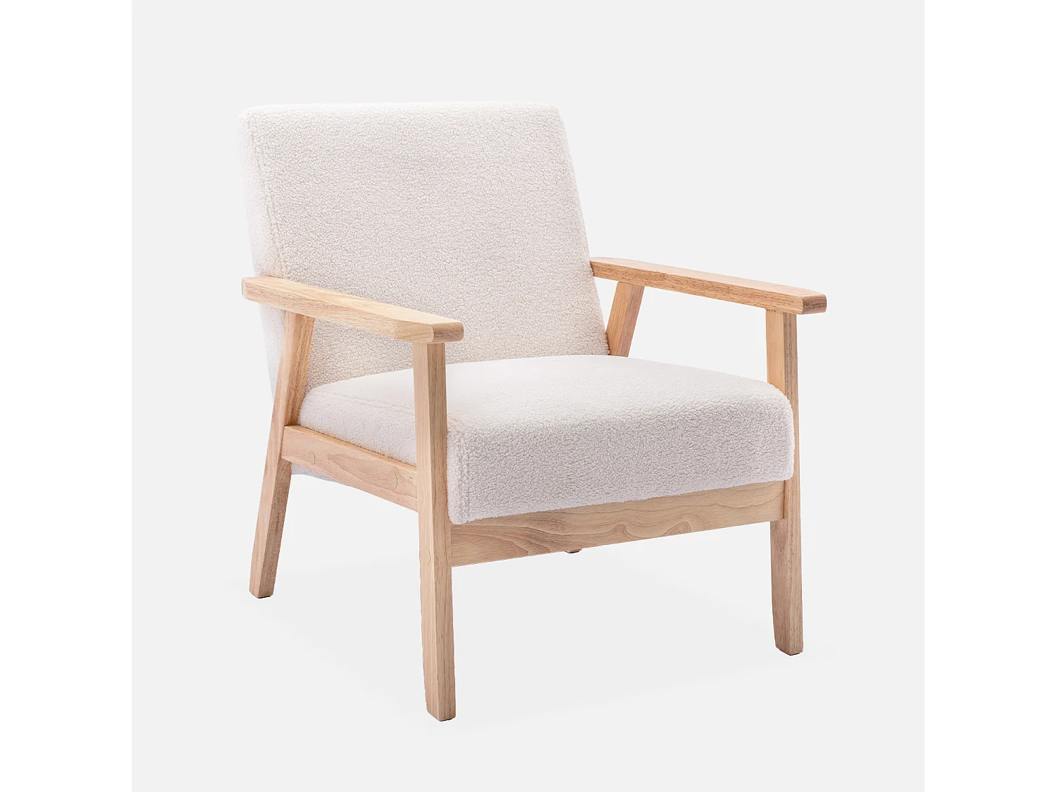 Poltrona scandinava in legno e tessuto bouclé, bouclé bianco