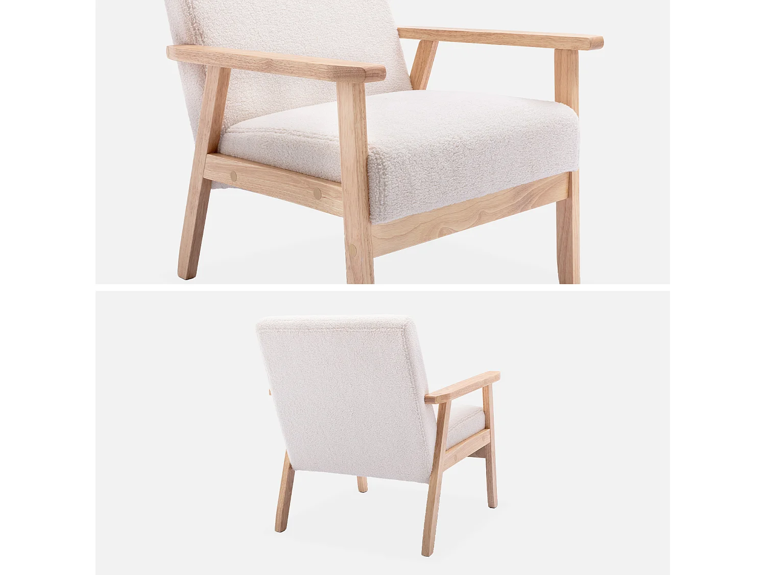 Poltrona scandinava in legno e tessuto bouclé, bouclé bianco