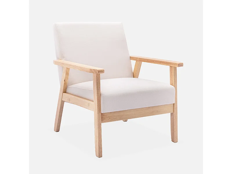 Poltrona scandinava in legno e tessuto, crema