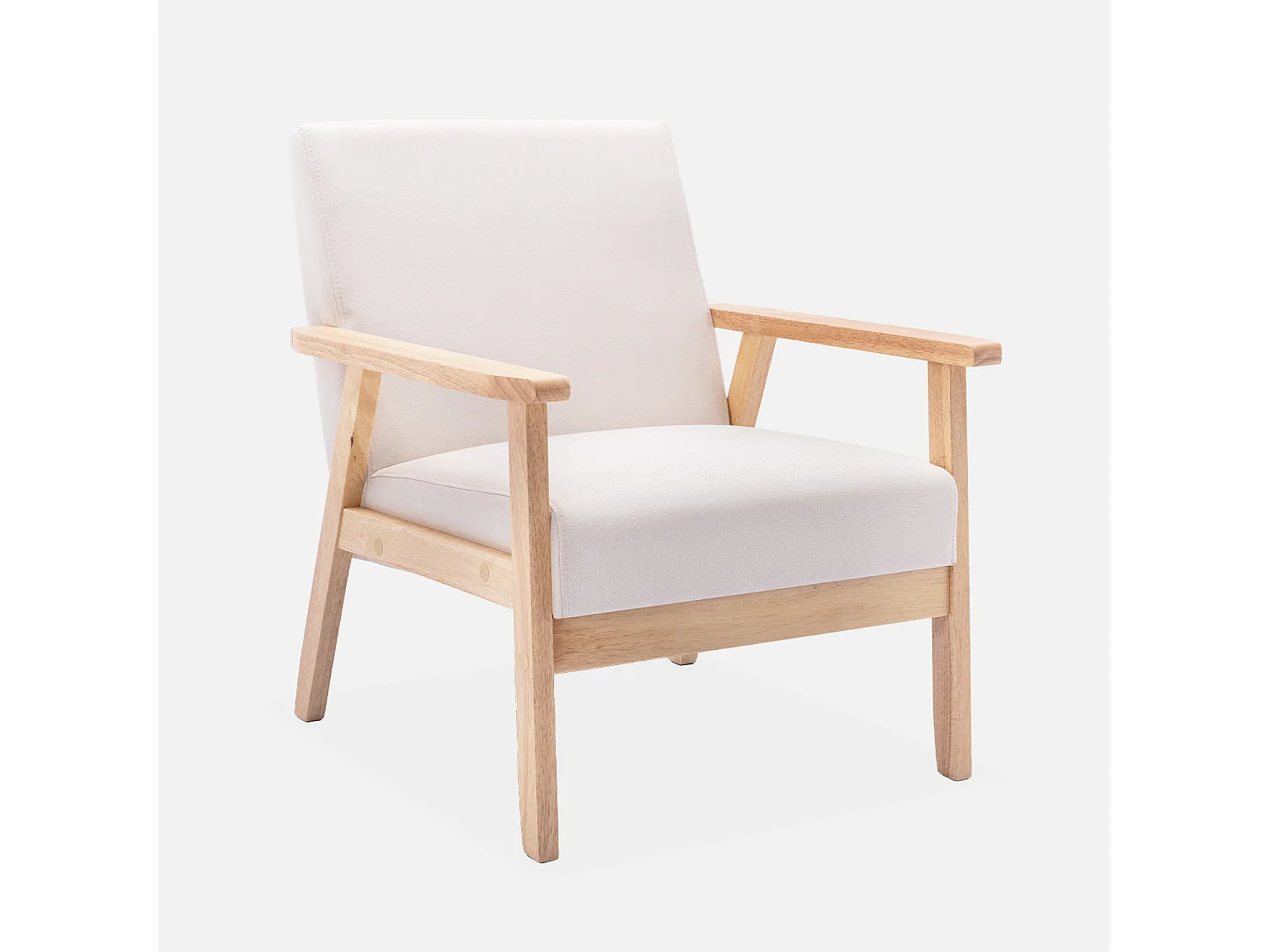 Poltrona scandinava in legno e tessuto, crema