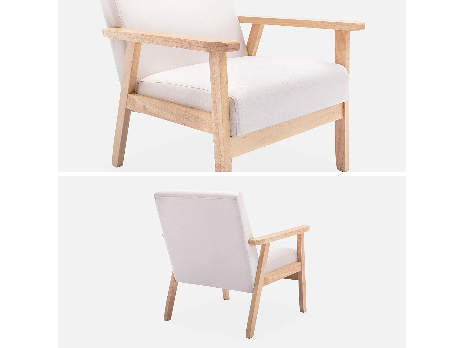 Poltrona scandinava in legno e tessuto, crema