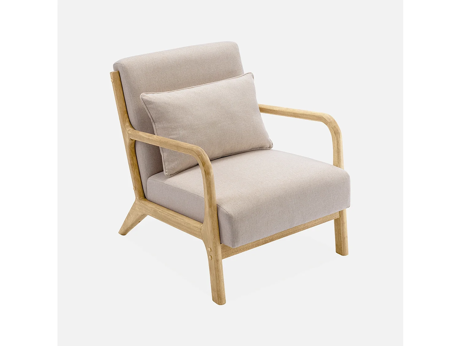 Fauteuil design en bois et tissu. 1 place droit fixe. pieds compas scandinave. structure en bois solide. assise confortable beige
