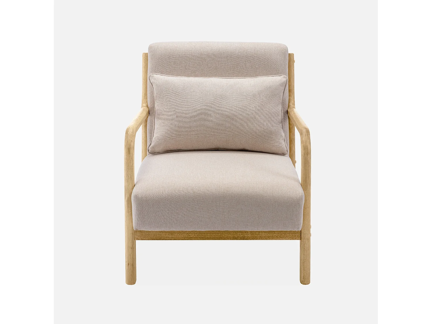 Fauteuil design en bois et tissu. 1 place droit fixe. pieds compas scandinave. structure en bois solide. assise confortable beige