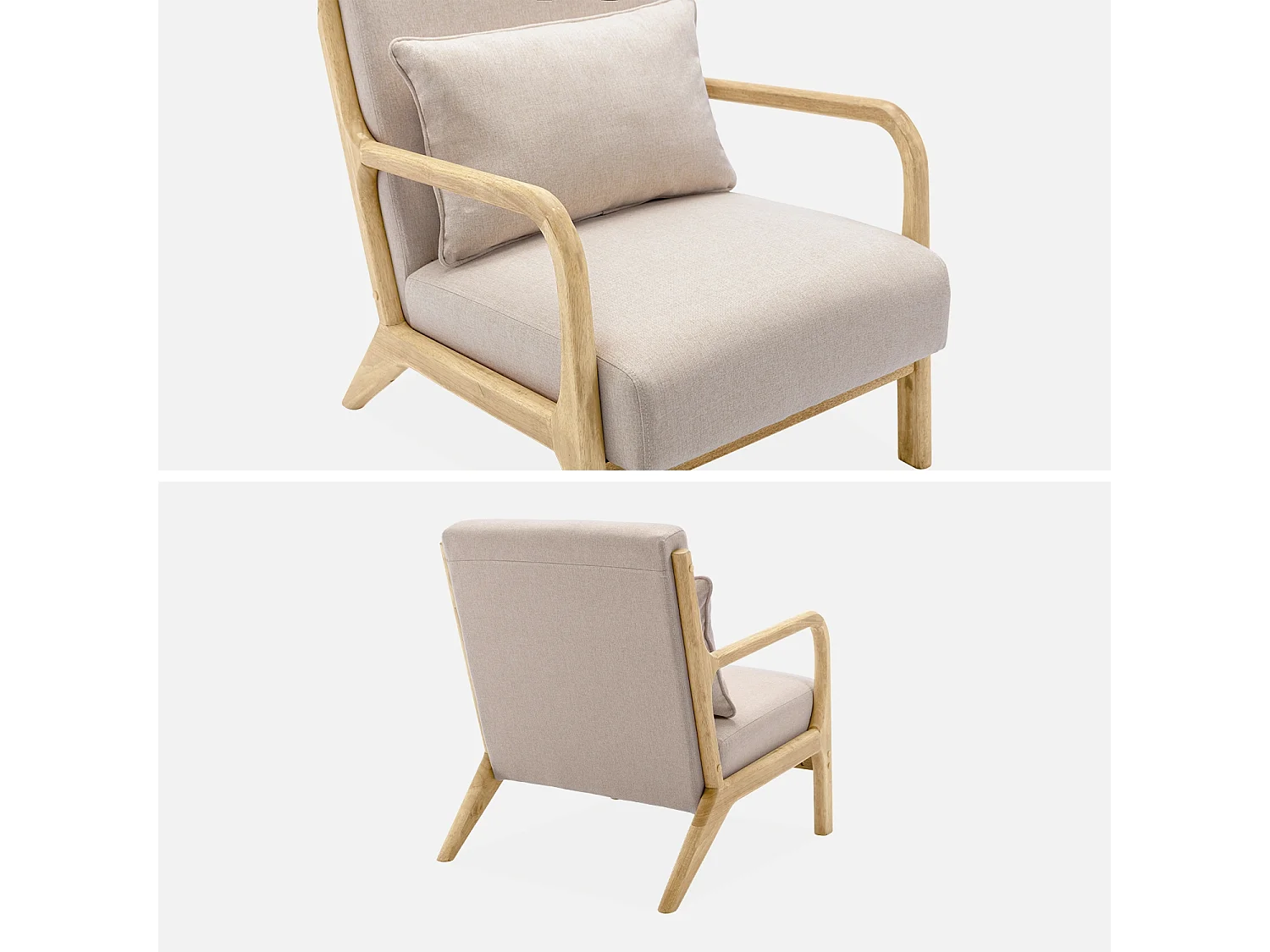 Fauteuil design en bois et tissu. 1 place droit fixe. pieds compas scandinave. structure en bois solide. assise confortable beige