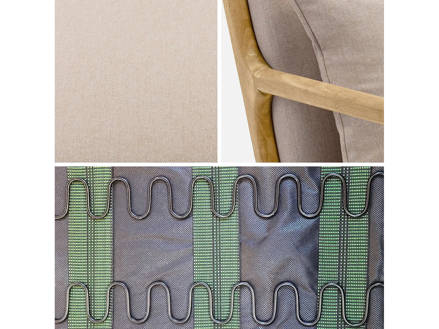 Fauteuil design en bois et tissu. 1 place droit fixe. pieds compas scandinave. structure en bois solide. assise confortable beige