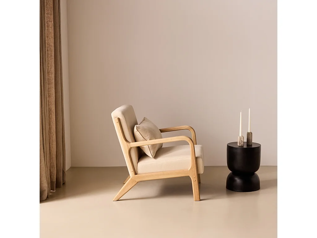 Poltrona scandinava in legno e tessuto con braccioli Beige - 65x80x79 cm