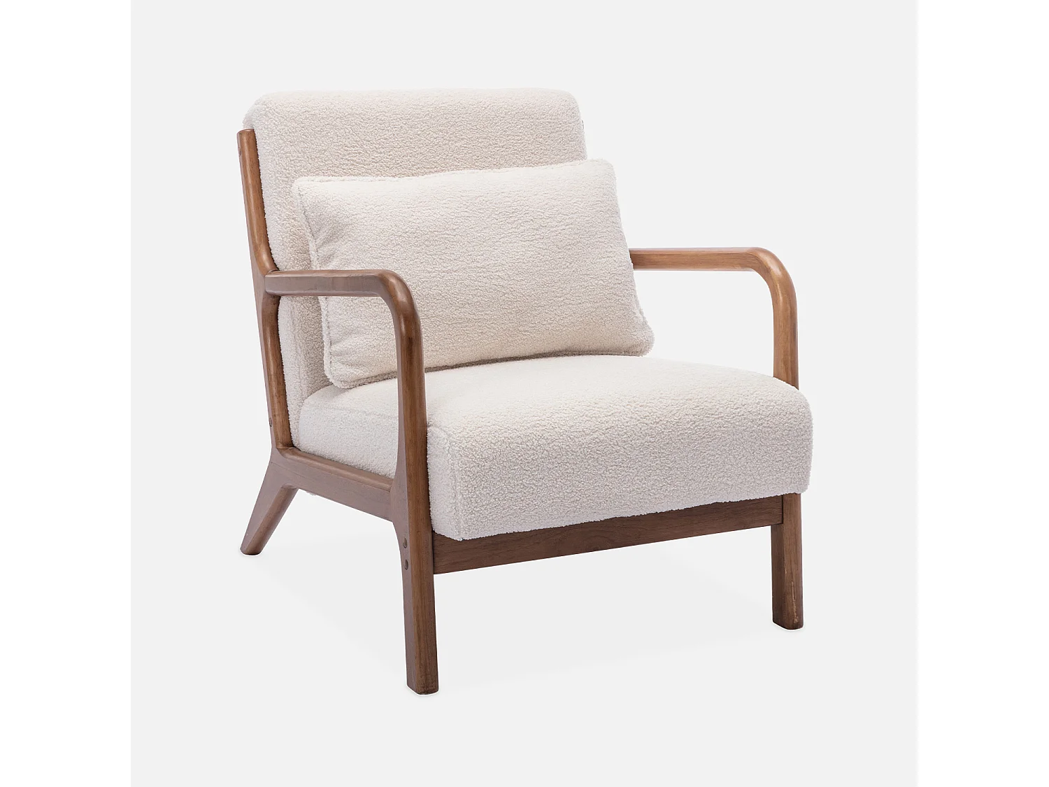 Fauteuil à bouclettes . pieds bois d'hévéa teinté noyer clair. 1 place droit fixe. pieds compas scandinave. structure en bois solide