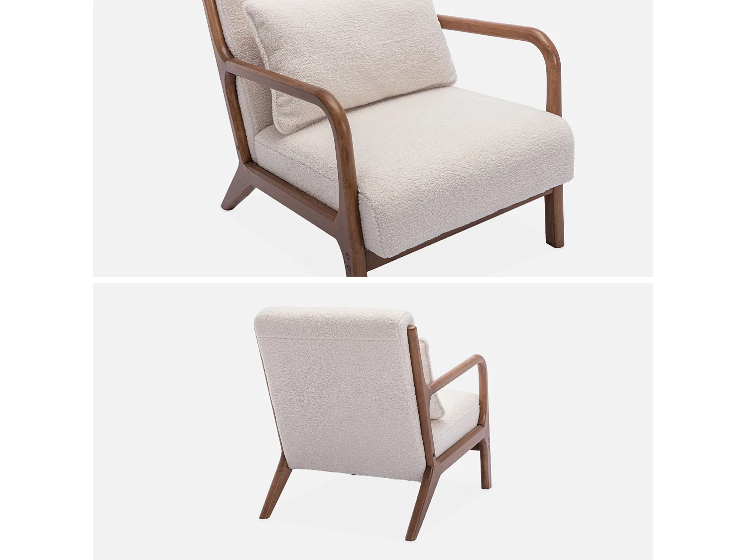 Fauteuil à bouclettes . pieds bois d'hévéa teinté noyer clair. 1 place droit fixe. pieds compas scandinave. structure en bois solide