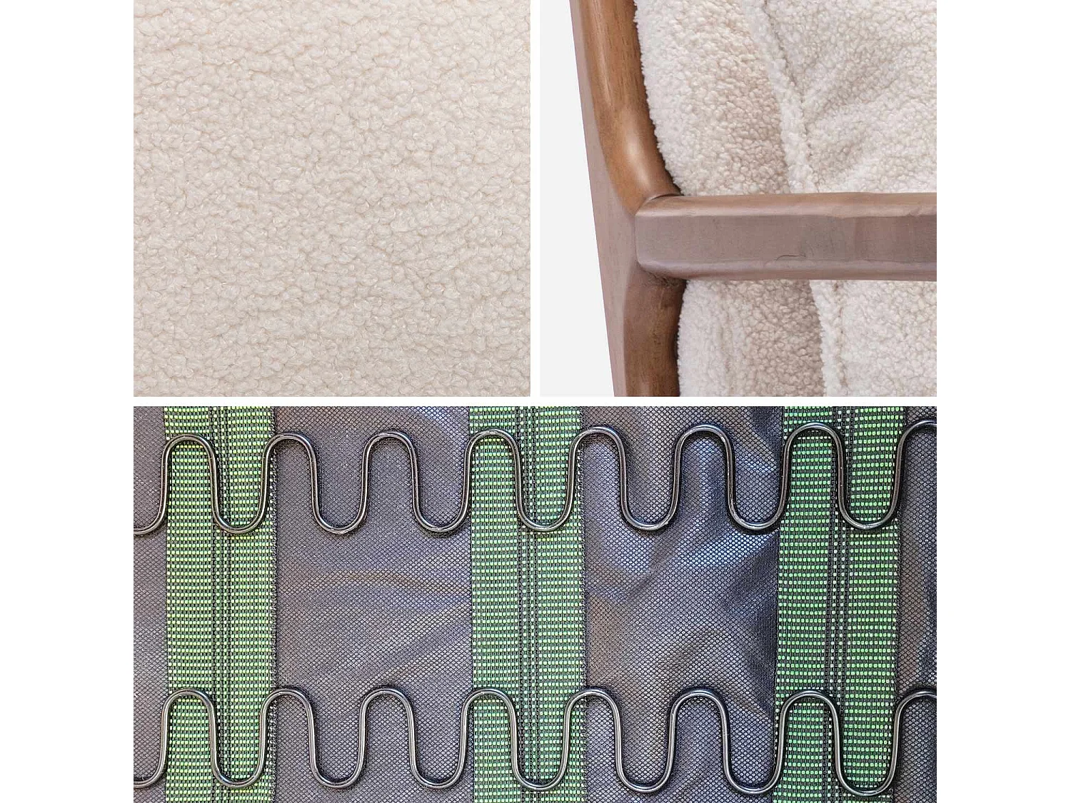 Fauteuil à bouclettes . pieds bois d'hévéa teinté noyer clair. 1 place droit fixe. pieds compas scandinave. structure en bois solide