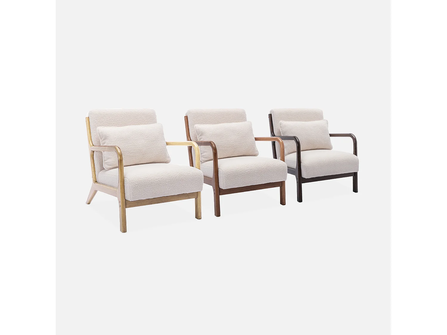 Fauteuil à bouclettes . pieds bois d'hévéa teinté noyer clair. 1 place droit fixe. pieds compas scandinave. structure en bois solide