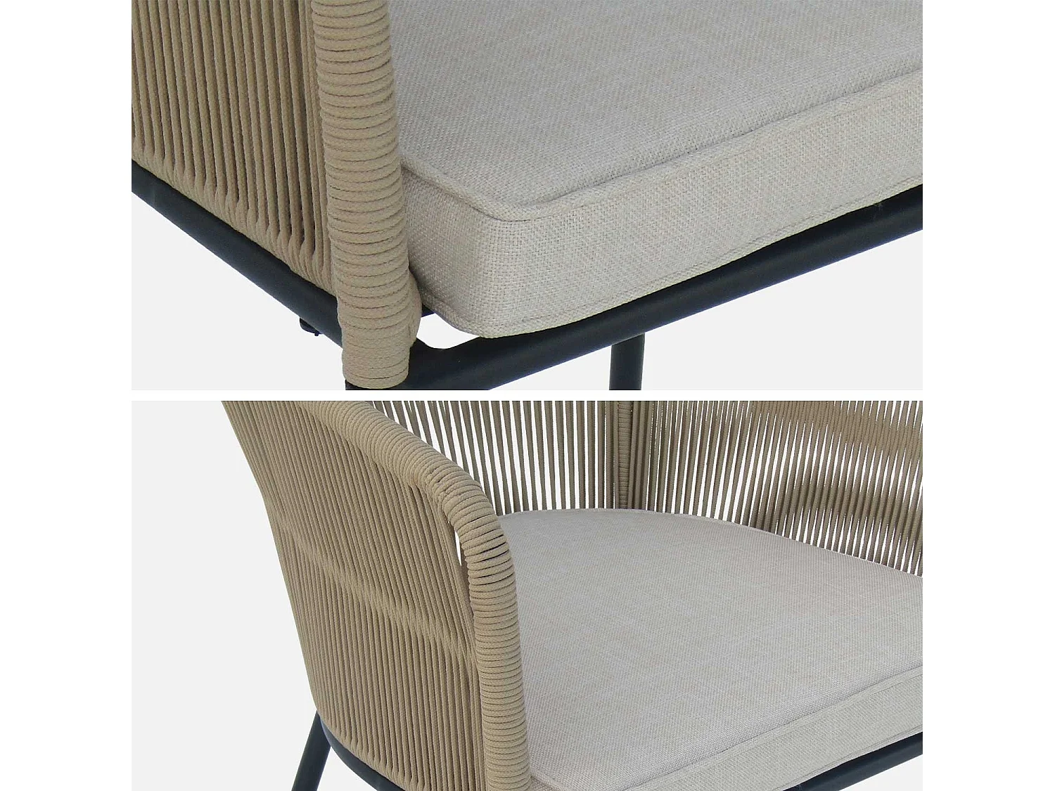 Set di 4 poltrona da giardino in corda e acciaio zincato, beige