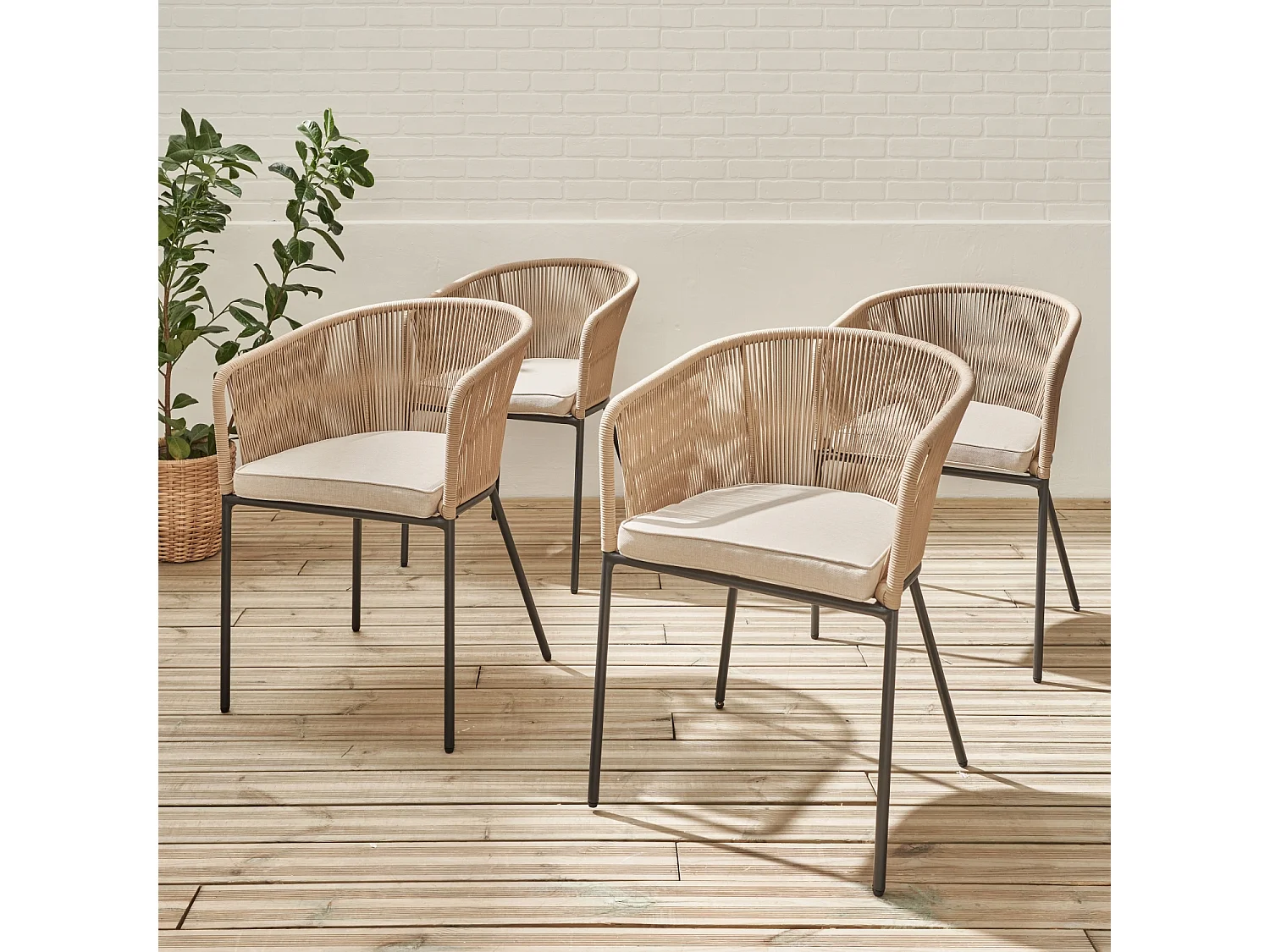 Set di 4 poltrona da giardino in corda e acciaio zincato, beige