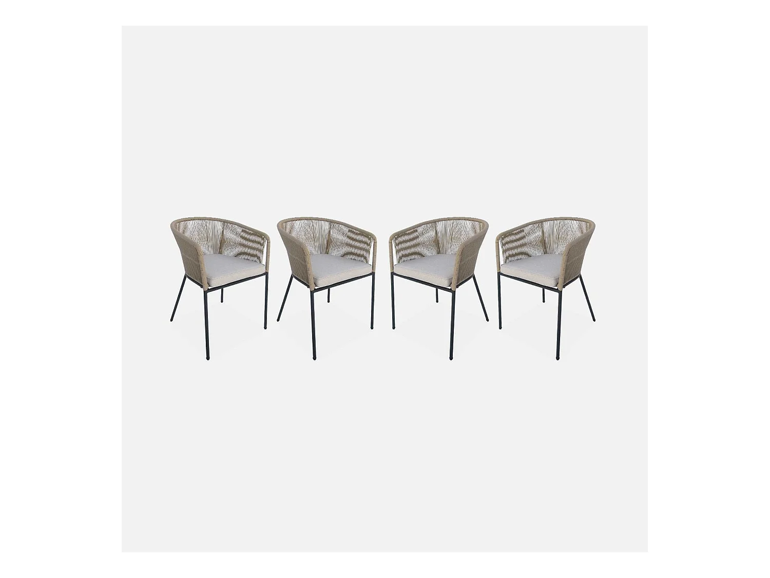 Lot de 4 fauteuils de jardin en corde beige et acier galvanisé. coussin beige