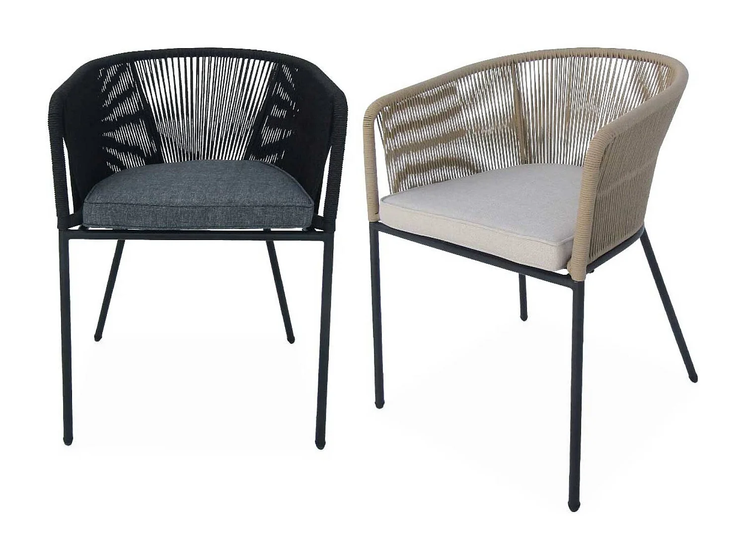 Lot de 4 fauteuils de jardin en corde beige et acier galvanisé. coussin beige