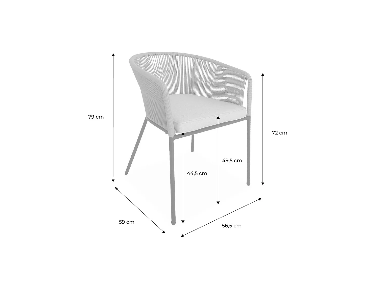 Lot de 4 fauteuils de jardin en corde beige et acier galvanisé. coussin beige
