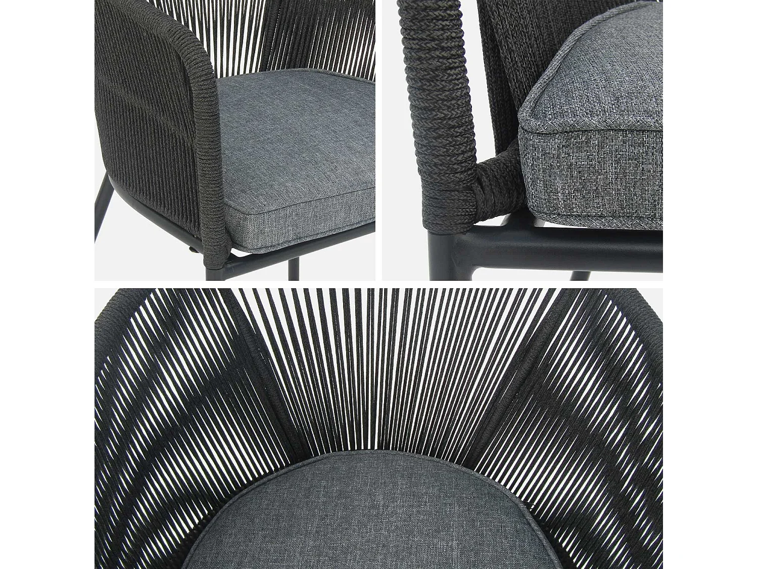 Lot de 4 fauteuils de jardin en corde noire et acier galvanisé. coussin gris