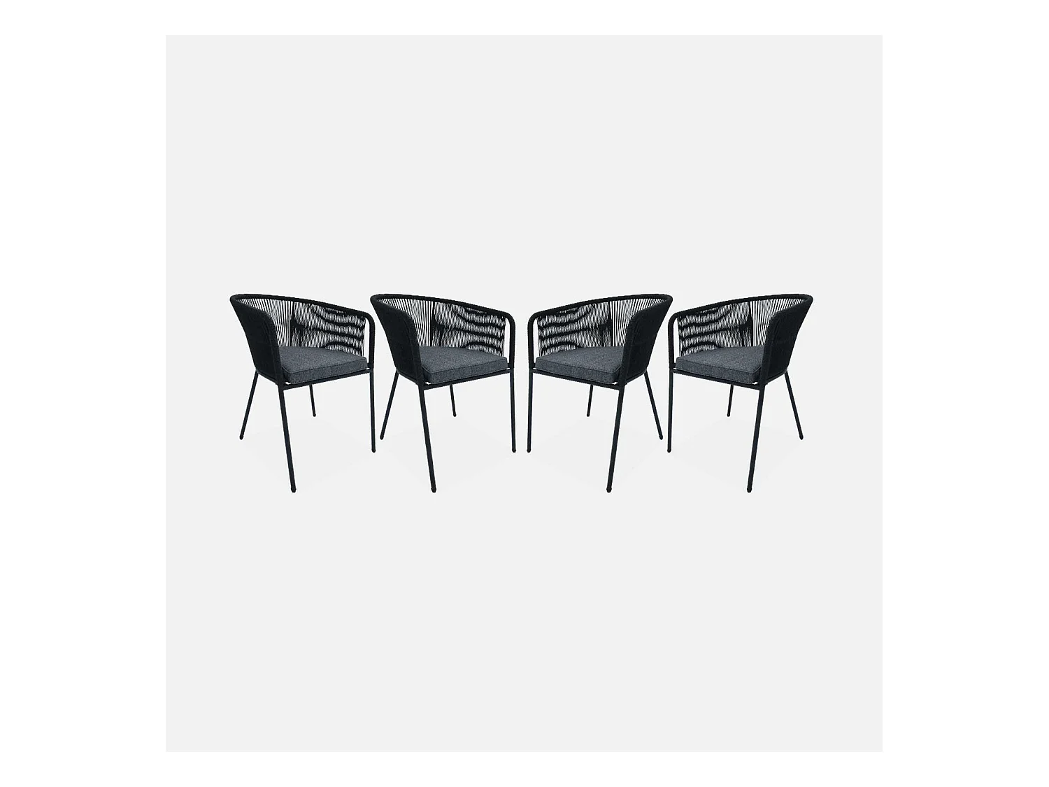 Lot de 4 fauteuils de jardin en corde noire et acier galvanisé. coussin gris