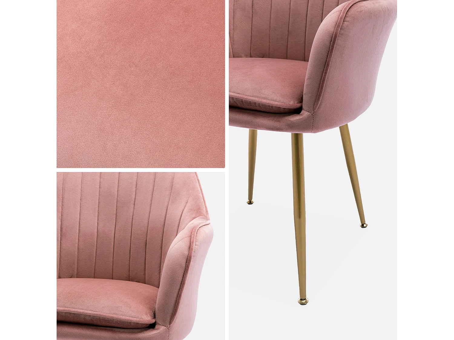 Fauteuil en velours vieux rose et pieds en métal doré. Shella L 58 x P 58 x H 85