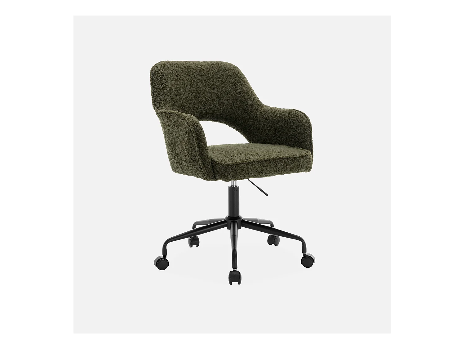 Chaise de bureau à roulettes bouclettes kaki foncé. Jim. L 60 x P 62 x H 89 / 99cm.