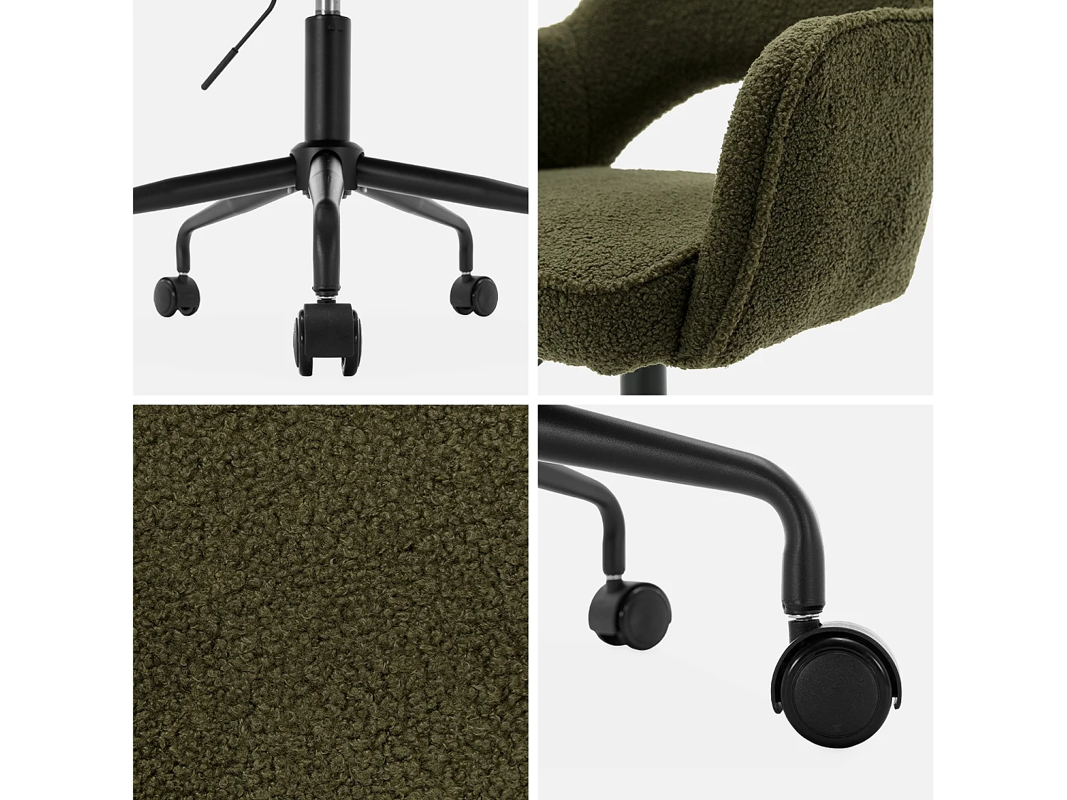 Silla de oficina con ruedas en borreguito y base negra, Caqui oscuro